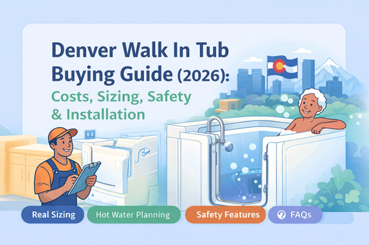 Illustration of a Denver walk-in tub guide banner showing a handyman with a clipboard and an elderly woman in a walk-in tub, highlighting costs, sizing, safety, and installation.